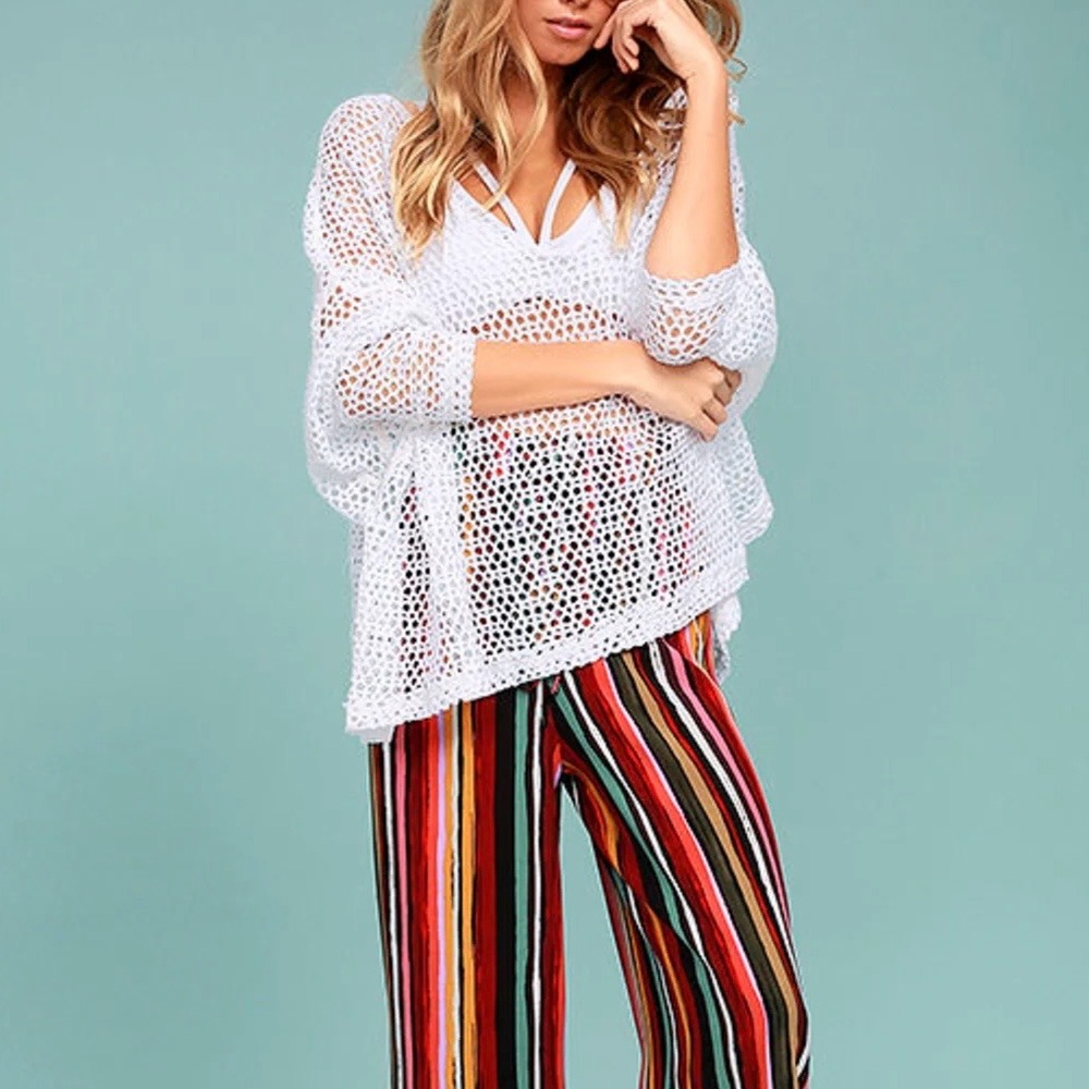 Free People / We the Free | Oversized White Crochet V-Neck Sweater | Size Large